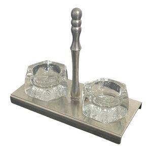Vintage Royal Daalderop Holland Pewter Double Salt Cellar Cut Glass Inserts
